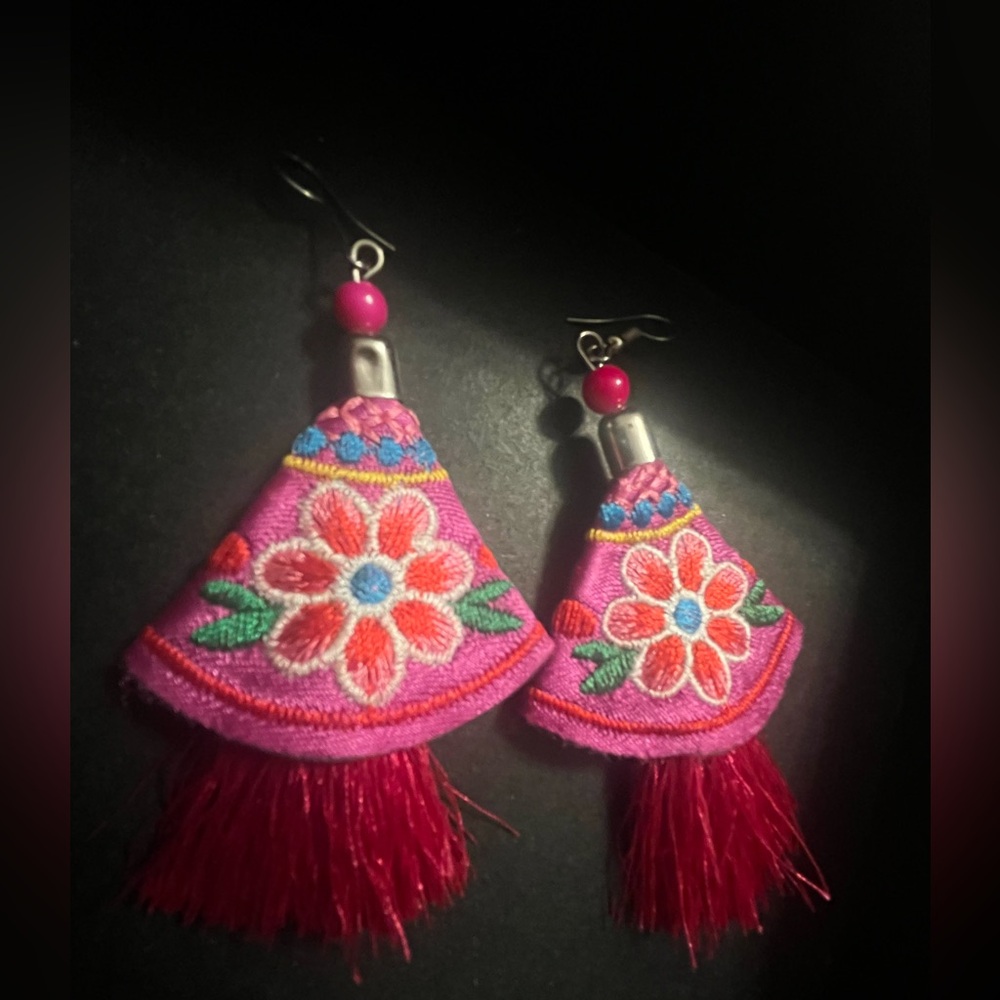 Handmade in Thailand Pink Floral Embroidered Statement Tassel Drop Earrings - Picture 2 of 4